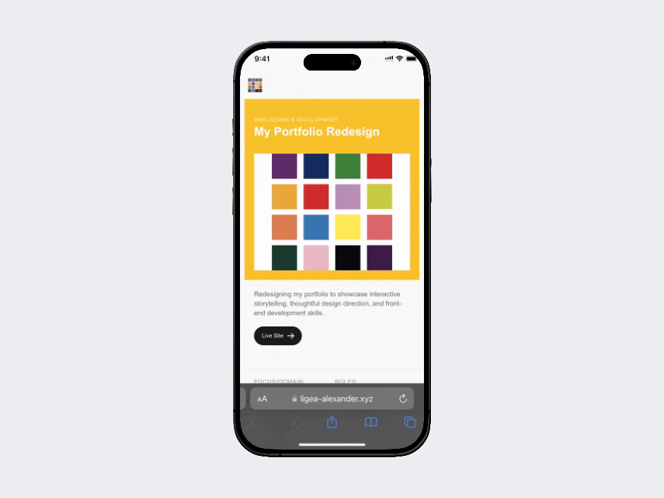 GIF showing the mobile progress bar in action, with dashes filling as the user scrolls through sections. The bar appears on scroll down when the user is within the actual content area and disappears once they leave the content area.